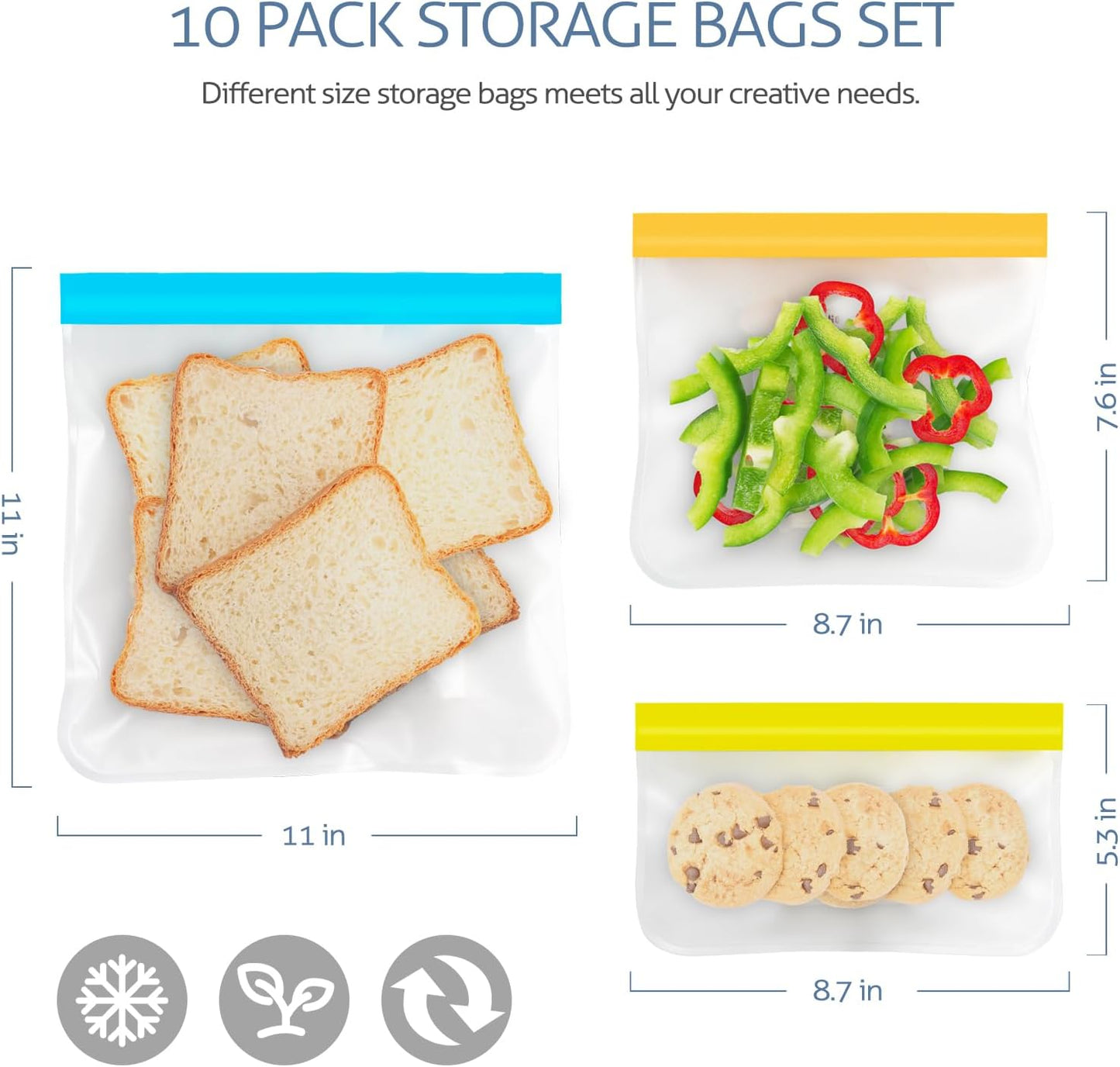 10-Pack Reusable Silicone Storage Bags 🥗 Dishwasher Safe, Leak-Proof & Eco-Friendly with 3 Sizes
