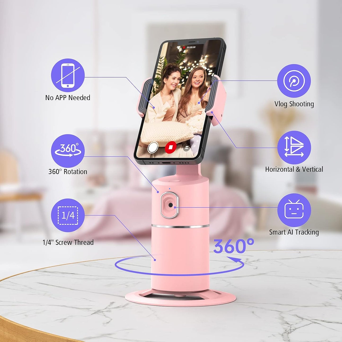 Auto Face Tracking Phone Holder | 360° Rotation Smart Shooting Tripod with Rechargeable Battery | No App Required | Live Streaming, Vlogging & Video Recording Mount (Pink)