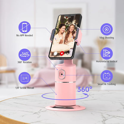 Auto Face Tracking Phone Holder | 360° Rotation Smart Shooting Tripod with Rechargeable Battery | No App Required | Live Streaming, Vlogging & Video Recording Mount (Pink)