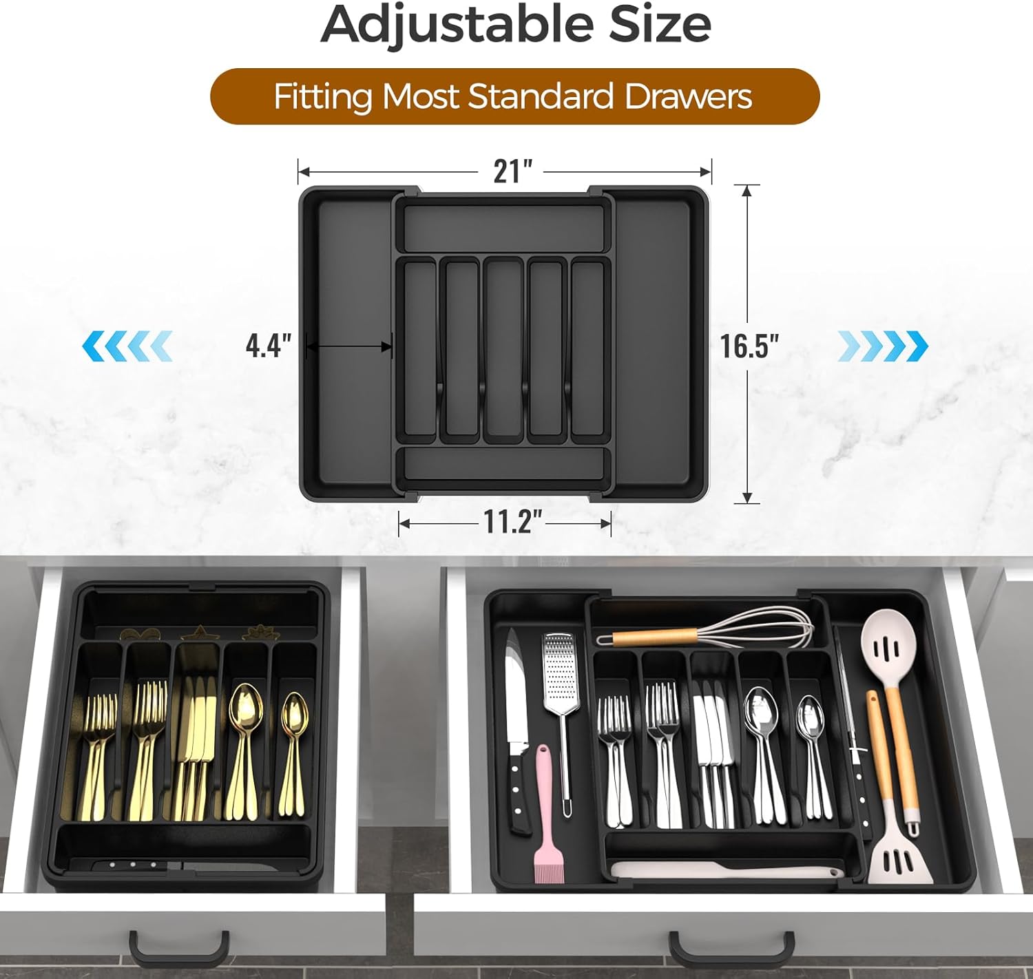 Extra Large Expandable Silverware Organizer, Bpa-Free Food-Safe Cutlery Flatware Organizer, Kitchen Utensil Drawer Organizer, Adjustable Silverware Holder for Spoons Forks , Black