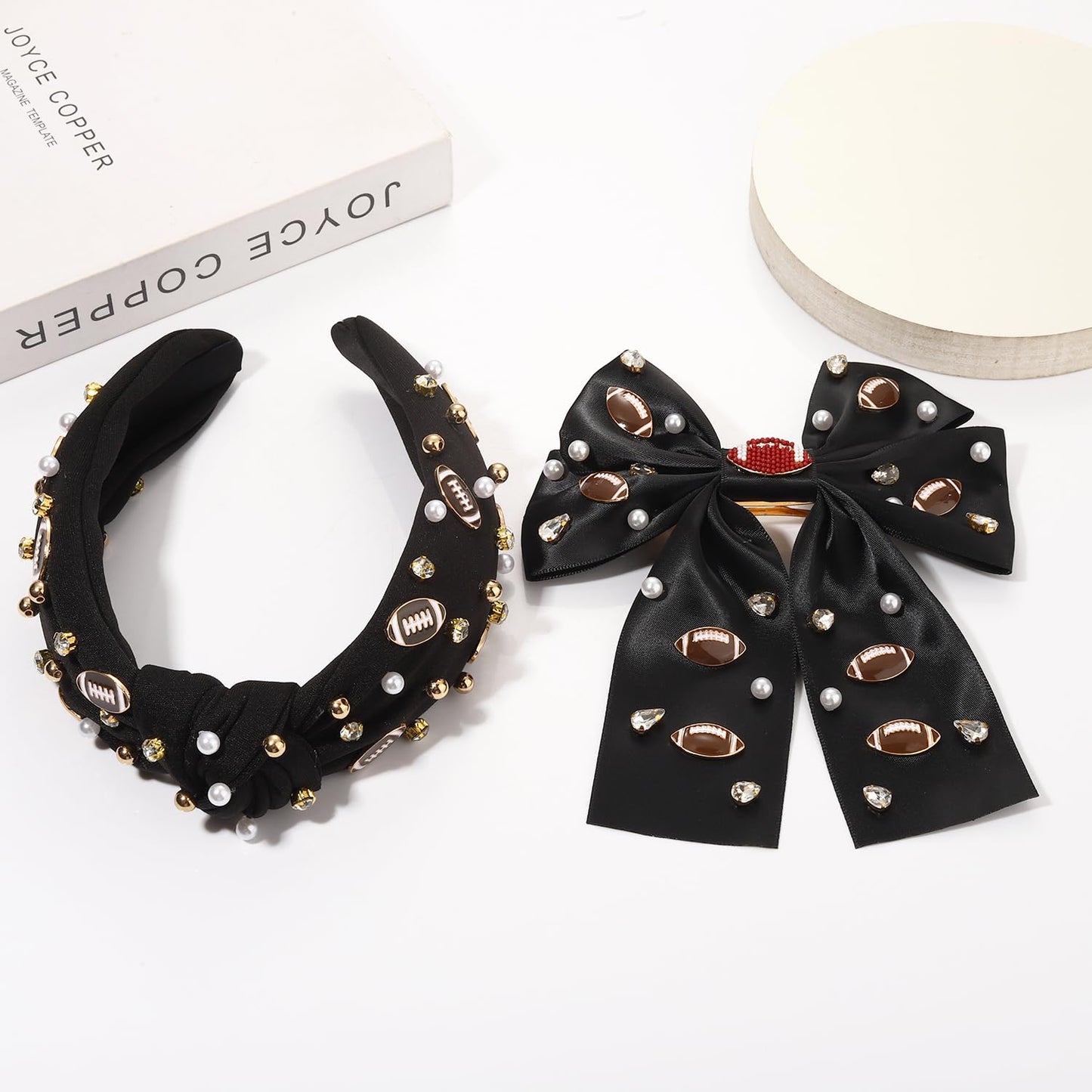 Football Headband for Women White Black Red Football Bow Hair Clips Pearl Rhinestone Jeweled Football Knotted Headband Footall Mom Accessories Fashion Game Day Outfits