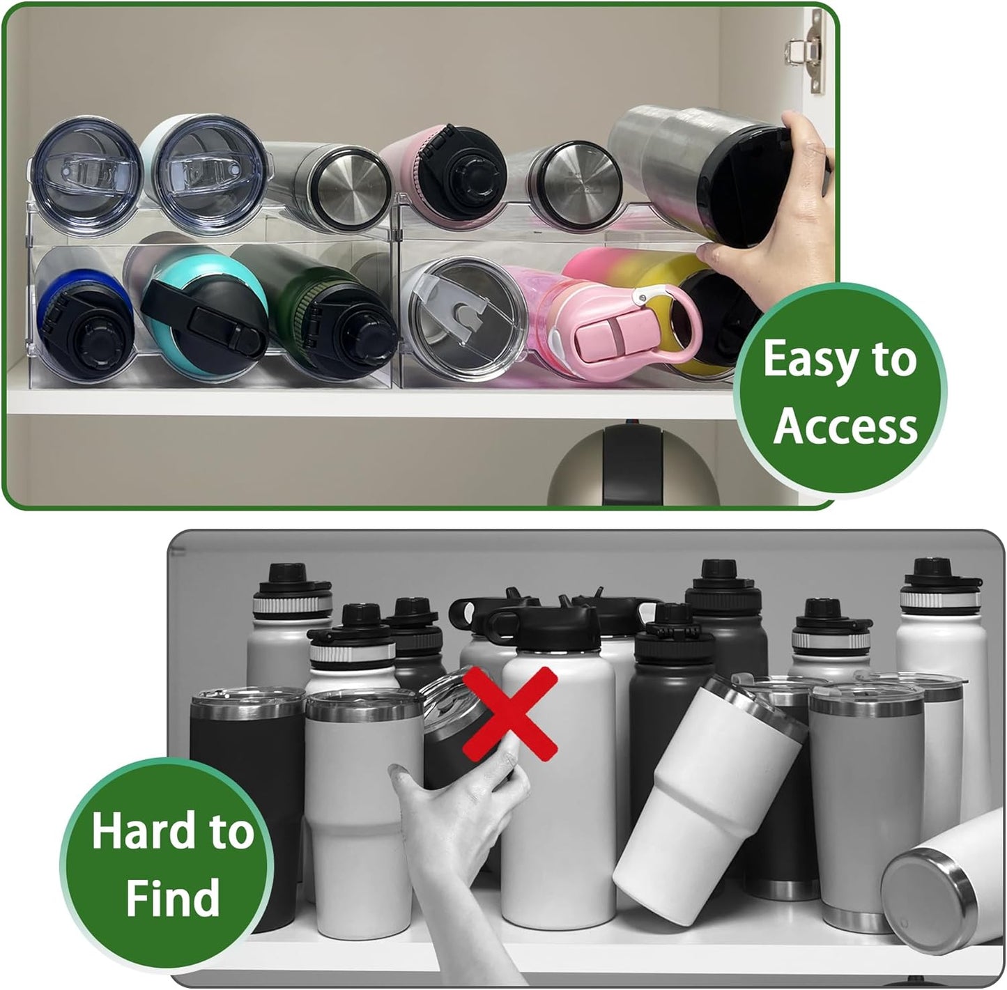 "Stackable Water Bottle Organizer Rack – 2 Pack Clear Plastic Storage for Kitchen, Pantry, or Fridge – Fits Sports Bottles, Tumblers & Wine"