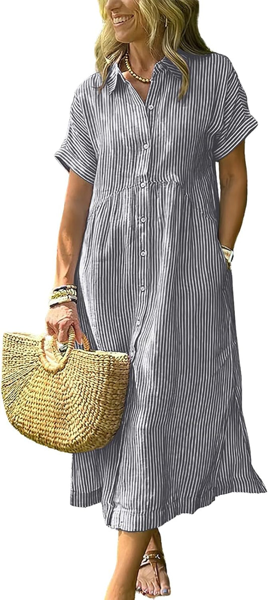 Bohemian Striped Cotton Shirt Dress – Casual, Chic & Flowy