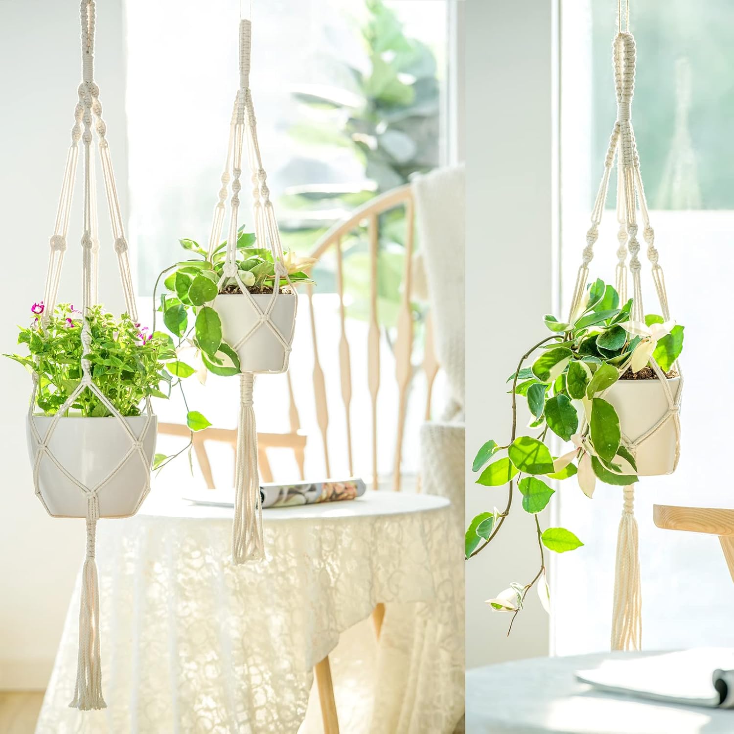 3 Pack Macrame Plant Hangers, Different Sizes Hanging Planters Indoor Basket Decorative Flower Pots Holder Stand Boho Home Decor, Ivory