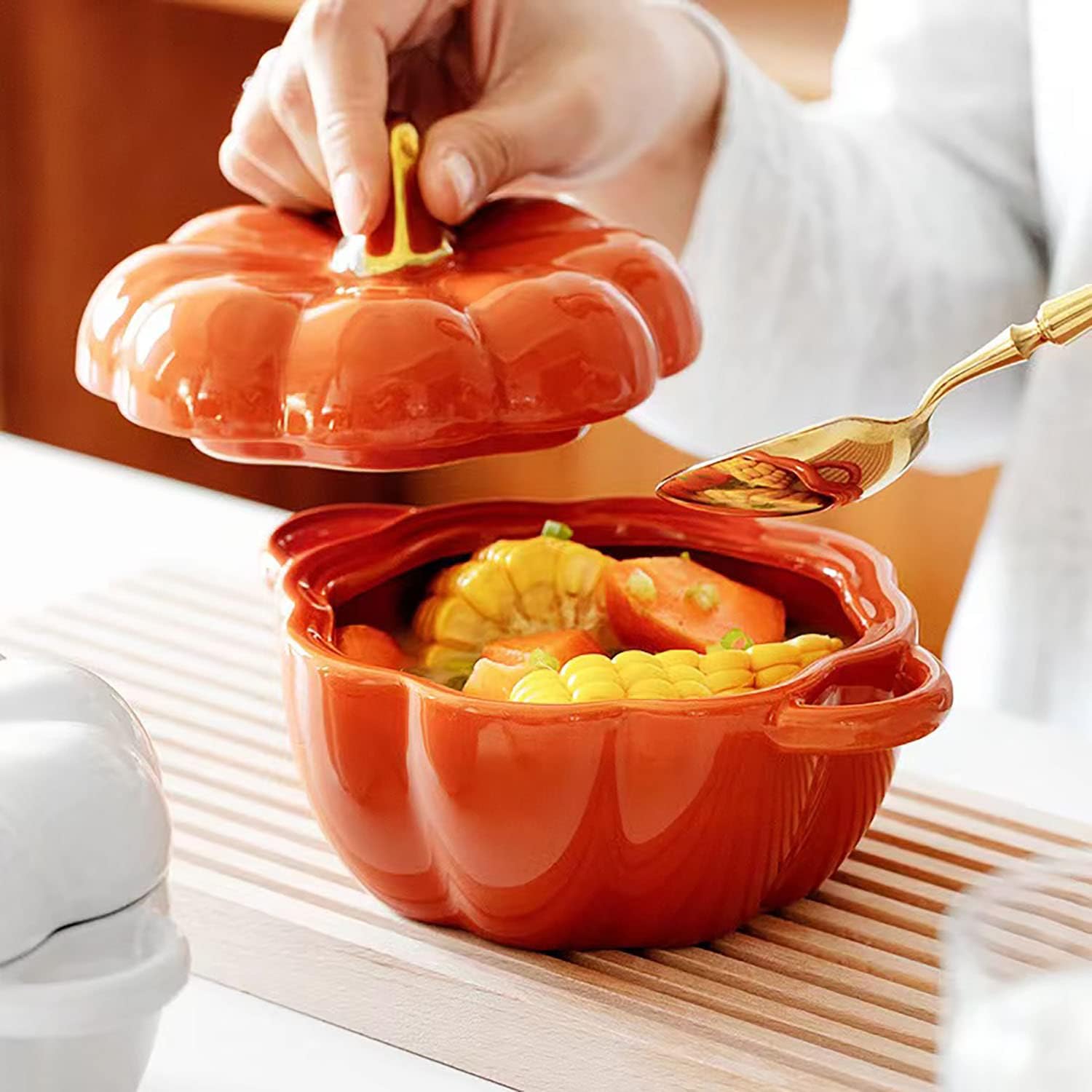 Pumpkin Bowl Set with Lid and Handle, Set of 2 Ceramic Ramekins for Baking, Casserole Dish Individual Severing Pot, Stoneware, Oven Safe, 14 Oz (Orange)