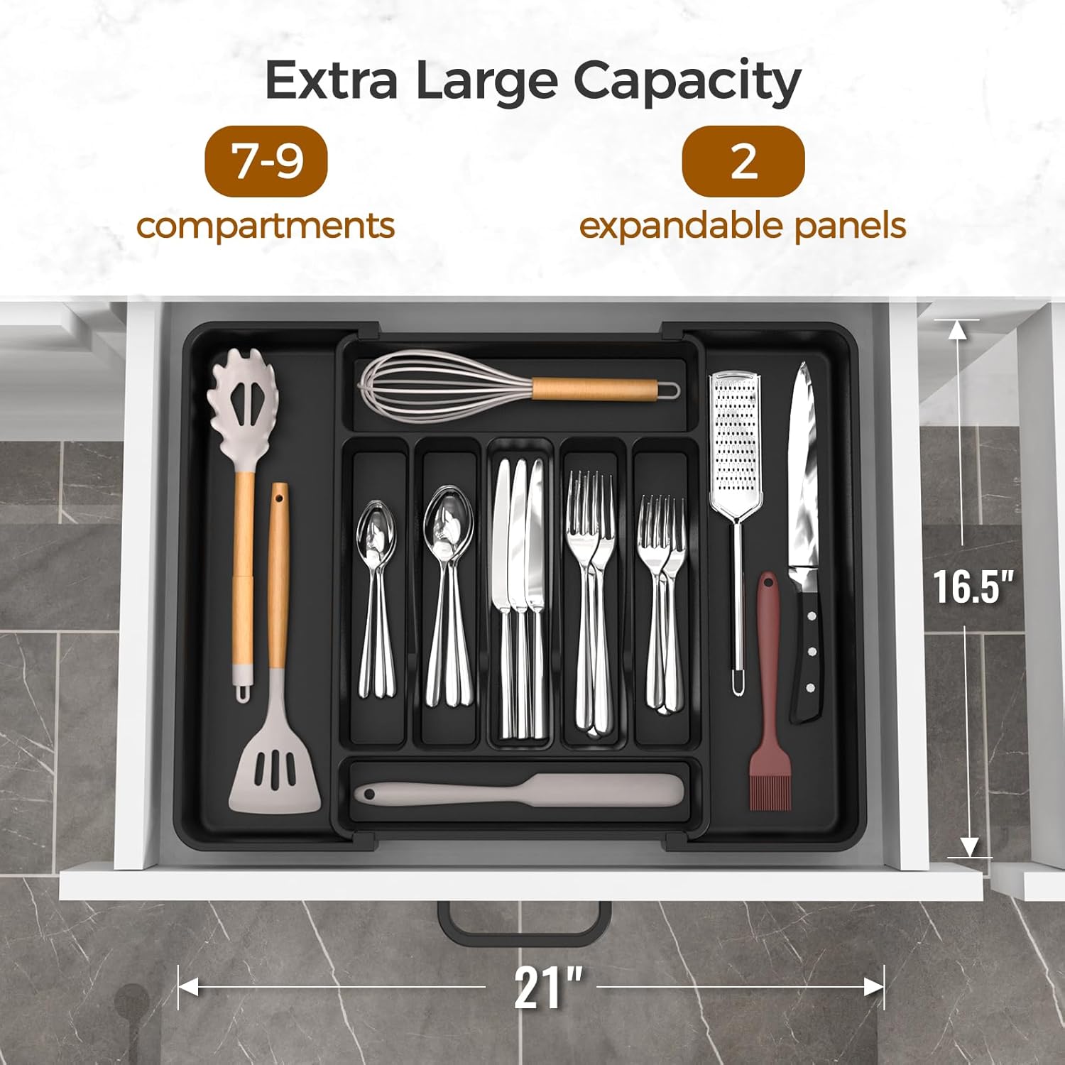 Extra Large Expandable Silverware Organizer, Bpa-Free Food-Safe Cutlery Flatware Organizer, Kitchen Utensil Drawer Organizer, Adjustable Silverware Holder for Spoons Forks , Black