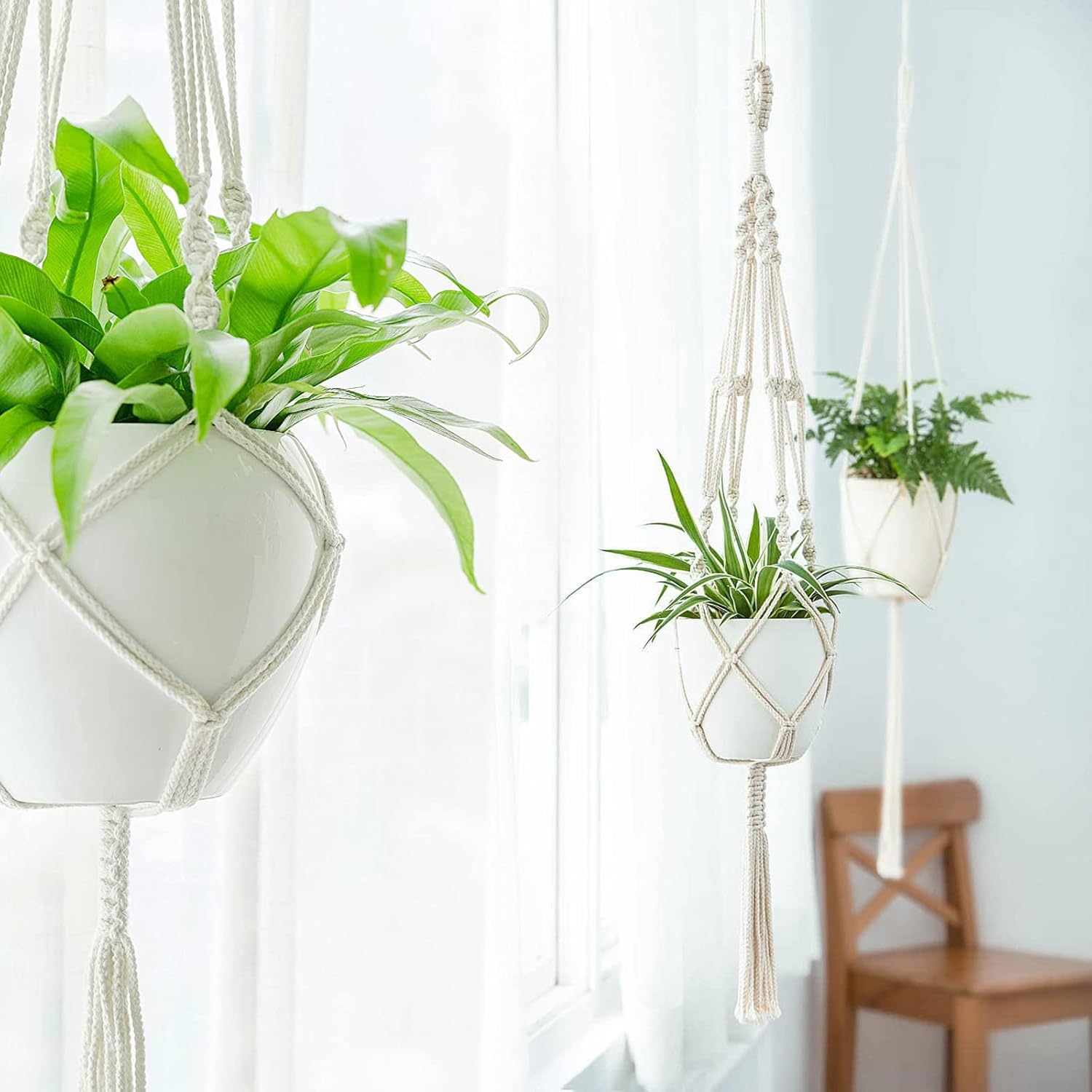 3 Pack Macrame Plant Hangers, Different Sizes Hanging Planters Indoor Basket Decorative Flower Pots Holder Stand Boho Home Decor, Ivory