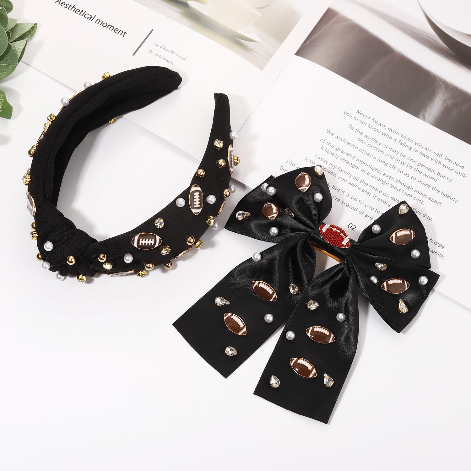 Football Headband for Women White Black Red Football Bow Hair Clips Pearl Rhinestone Jeweled Football Knotted Headband Footall Mom Accessories Fashion Game Day Outfits