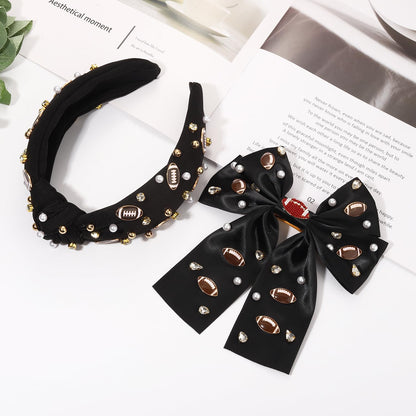 Football Headband for Women White Black Red Football Bow Hair Clips Pearl Rhinestone Jeweled Football Knotted Headband Footall Mom Accessories Fashion Game Day Outfits