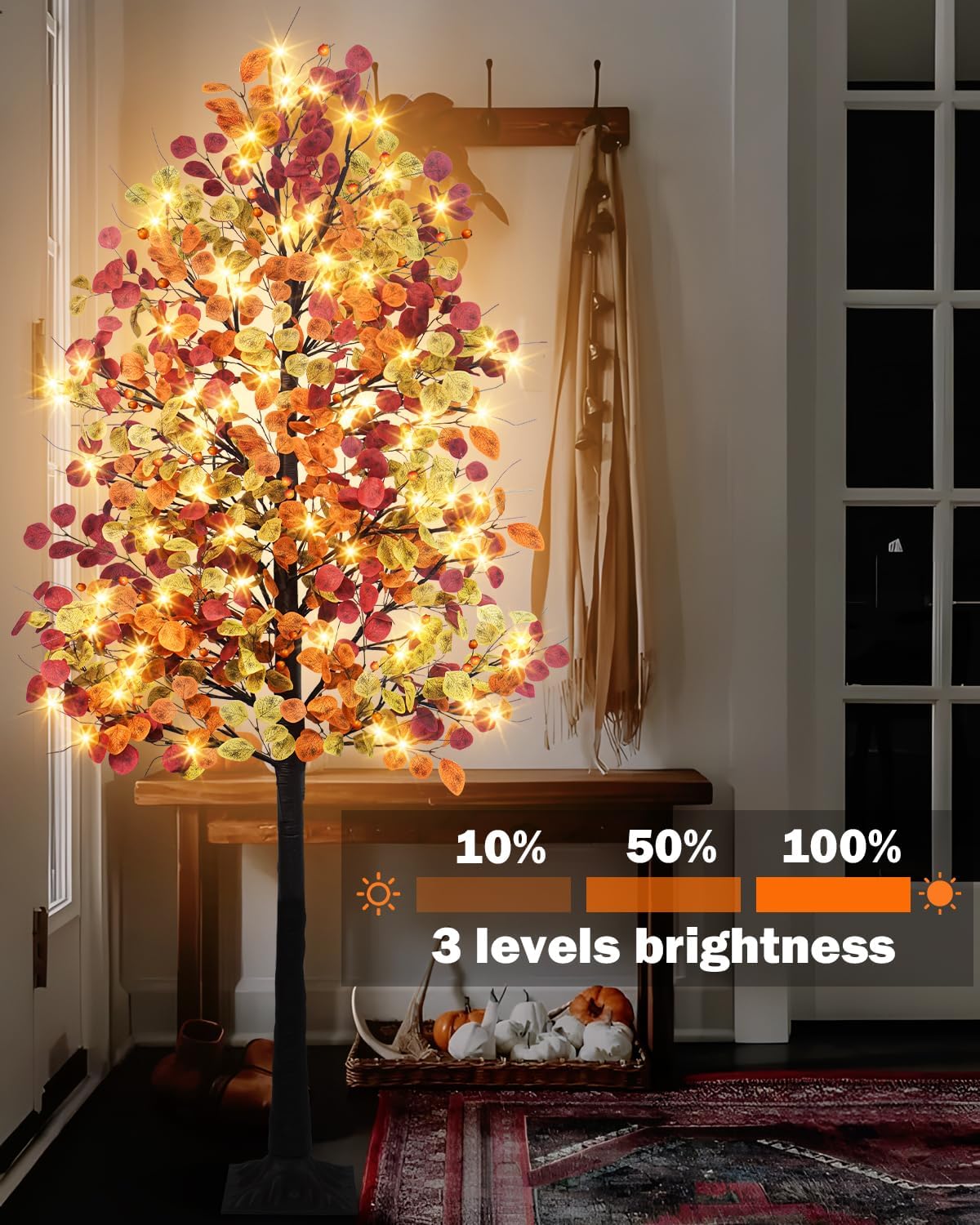 6FT 96LED Lighted Fall Tree – Artificial Eucalyptus with 384 Leaves, 8 Modes, Timer & Dimmable Lights for Thanksgiving, Autumn & Halloween Décor (Indoor/Outdoor)