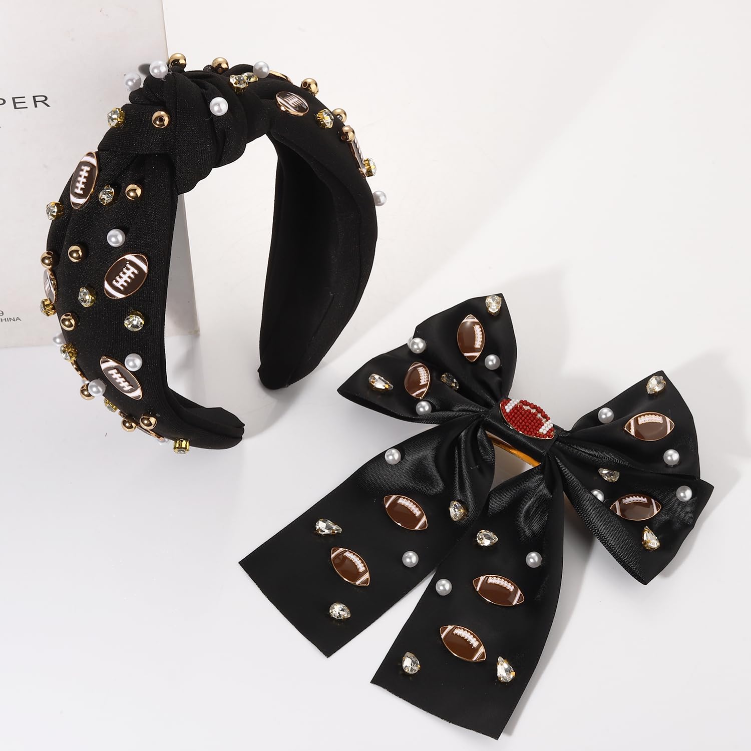 Football Headband for Women White Black Red Football Bow Hair Clips Pearl Rhinestone Jeweled Football Knotted Headband Footall Mom Accessories Fashion Game Day Outfits