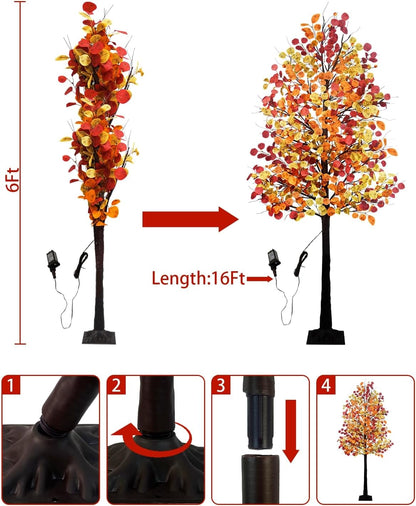 6FT 96LED Lighted Fall Tree – Artificial Eucalyptus with 384 Leaves, 8 Modes, Timer & Dimmable Lights for Thanksgiving, Autumn & Halloween Décor (Indoor/Outdoor)