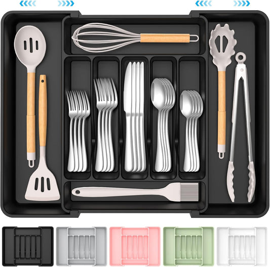 Extra Large Expandable Silverware Organizer, Bpa-Free Food-Safe Cutlery Flatware Organizer, Kitchen Utensil Drawer Organizer, Adjustable Silverware Holder for Spoons Forks , Black