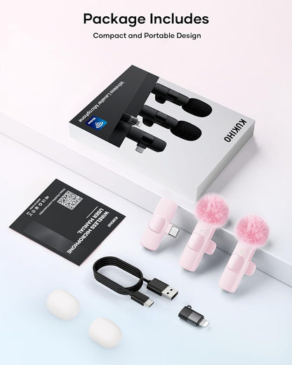 Wireless Lavalier Microphone for iPhone, iPad & Android | 2-Pack Plug & Play Lapel Mics with Noise Reduction for Video Recording, Interviews, Podcasts, Vlogs, YouTube & TikTok (Pink)
