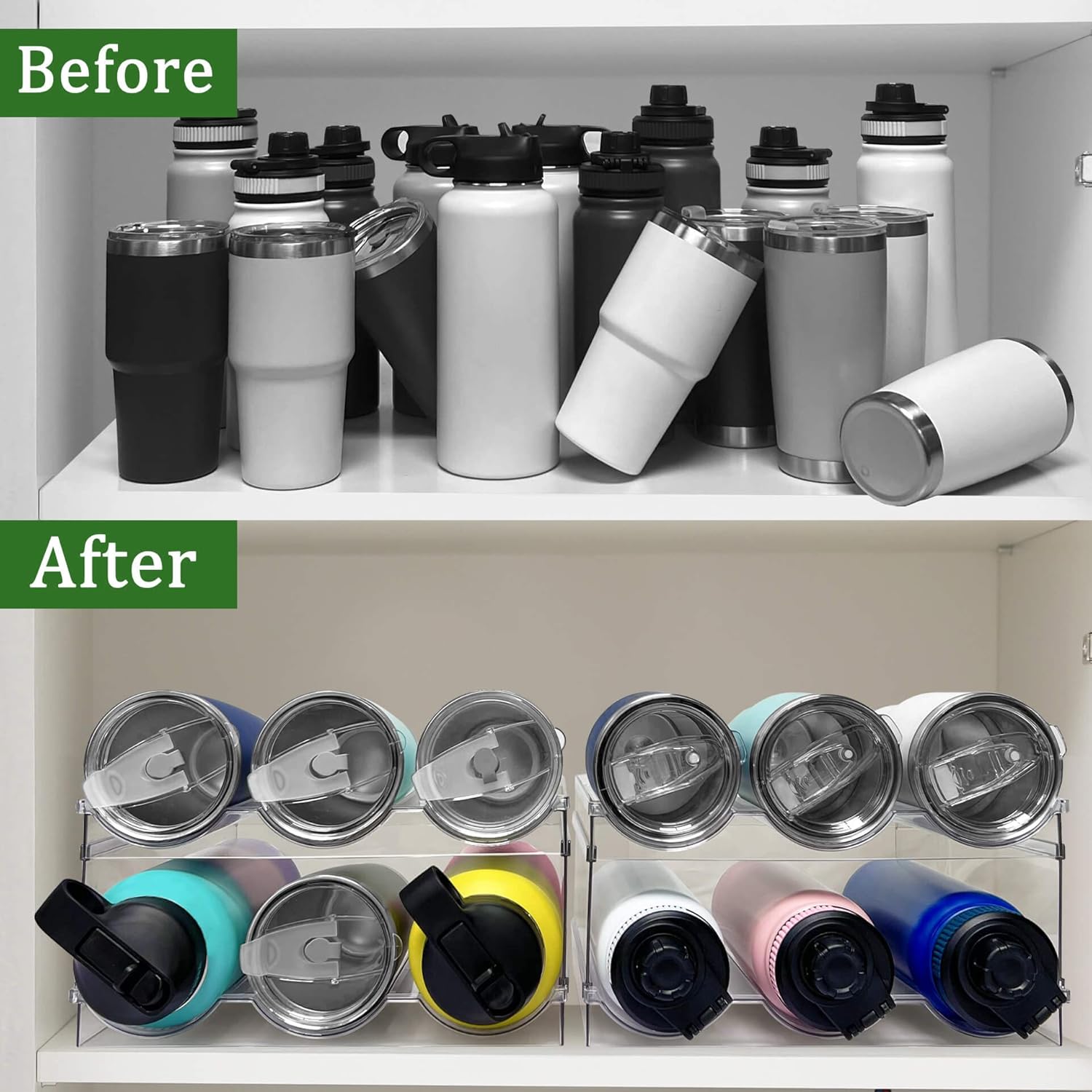"Stackable Water Bottle Organizer Rack – 2 Pack Clear Plastic Storage for Kitchen, Pantry, or Fridge – Fits Sports Bottles, Tumblers & Wine"