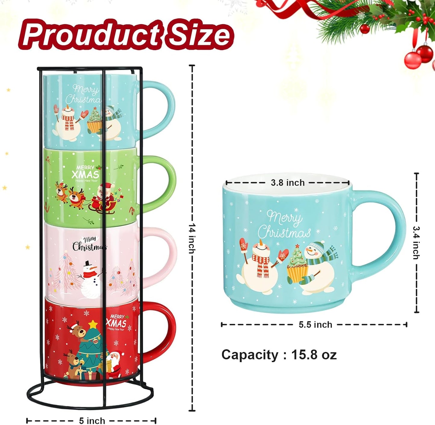 Set of 4 Stackable Christmas Mugs, 15.8 Oz Coffee Mug with Stand, Holiday Hot Cocoa Mugs for Mom Family Colleagues Friend & Farmhouse Cocoa Tray Decor
