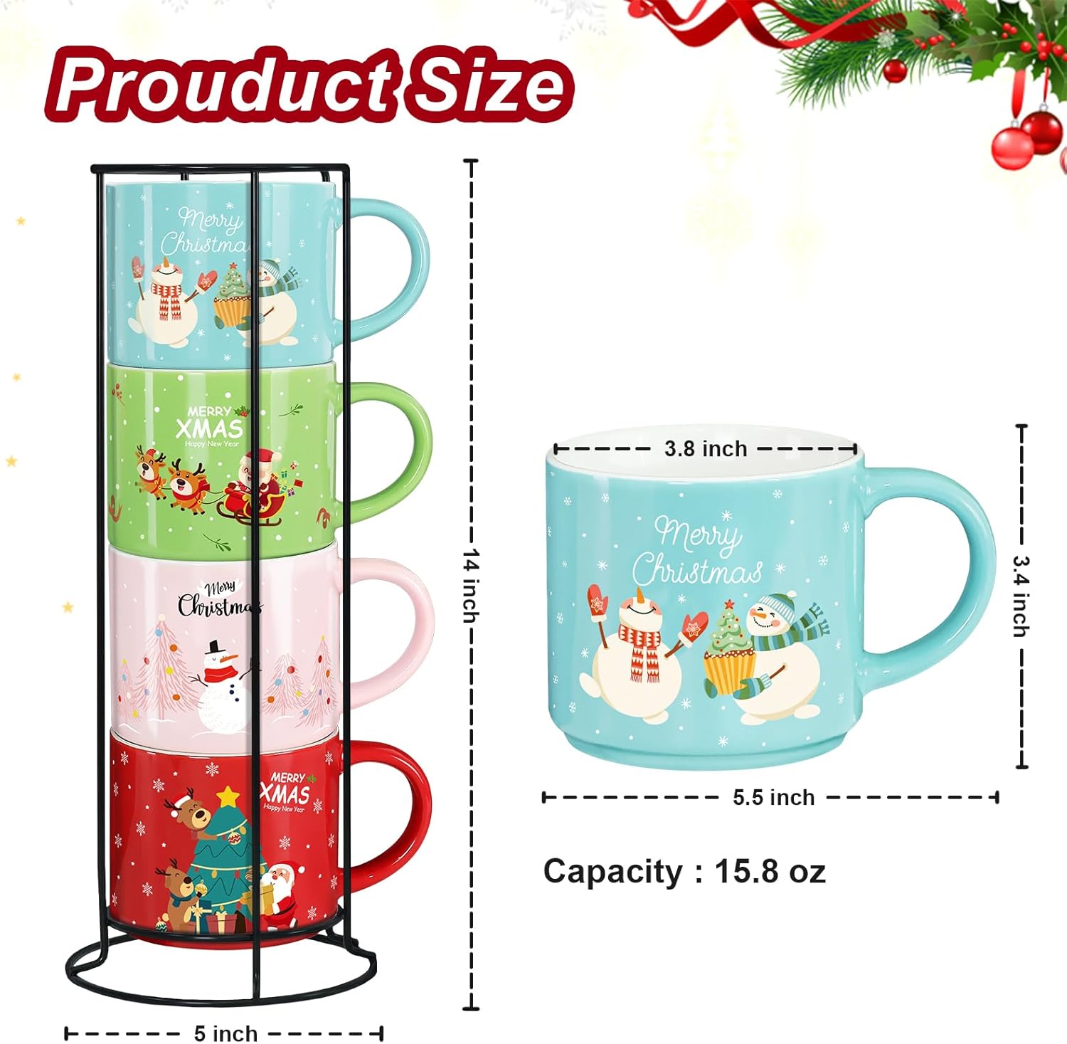 Set of 4 Stackable Christmas Mugs, 15.8 Oz Coffee Mug with Stand, Holiday Hot Cocoa Mugs for Mom Family Colleagues Friend & Farmhouse Cocoa Tray Decor