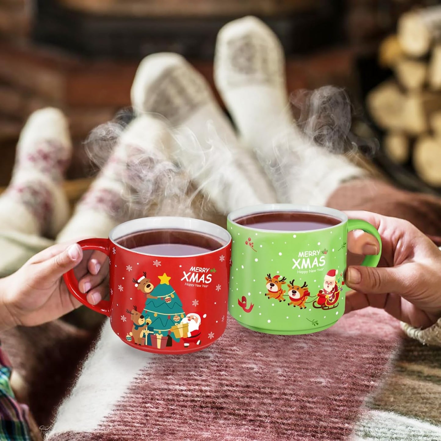 Set of 4 Stackable Christmas Mugs, 15.8 Oz Coffee Mug with Stand, Holiday Hot Cocoa Mugs for Mom Family Colleagues Friend & Farmhouse Cocoa Tray Decor