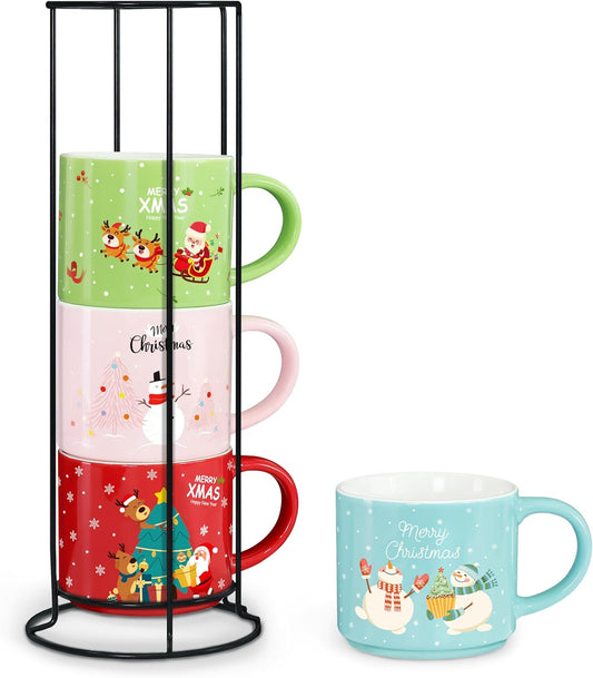 Set of 4 Stackable Christmas Mugs, 15.8 Oz Coffee Mug with Stand, Holiday Hot Cocoa Mugs for Mom Family Colleagues Friend & Farmhouse Cocoa Tray Decor