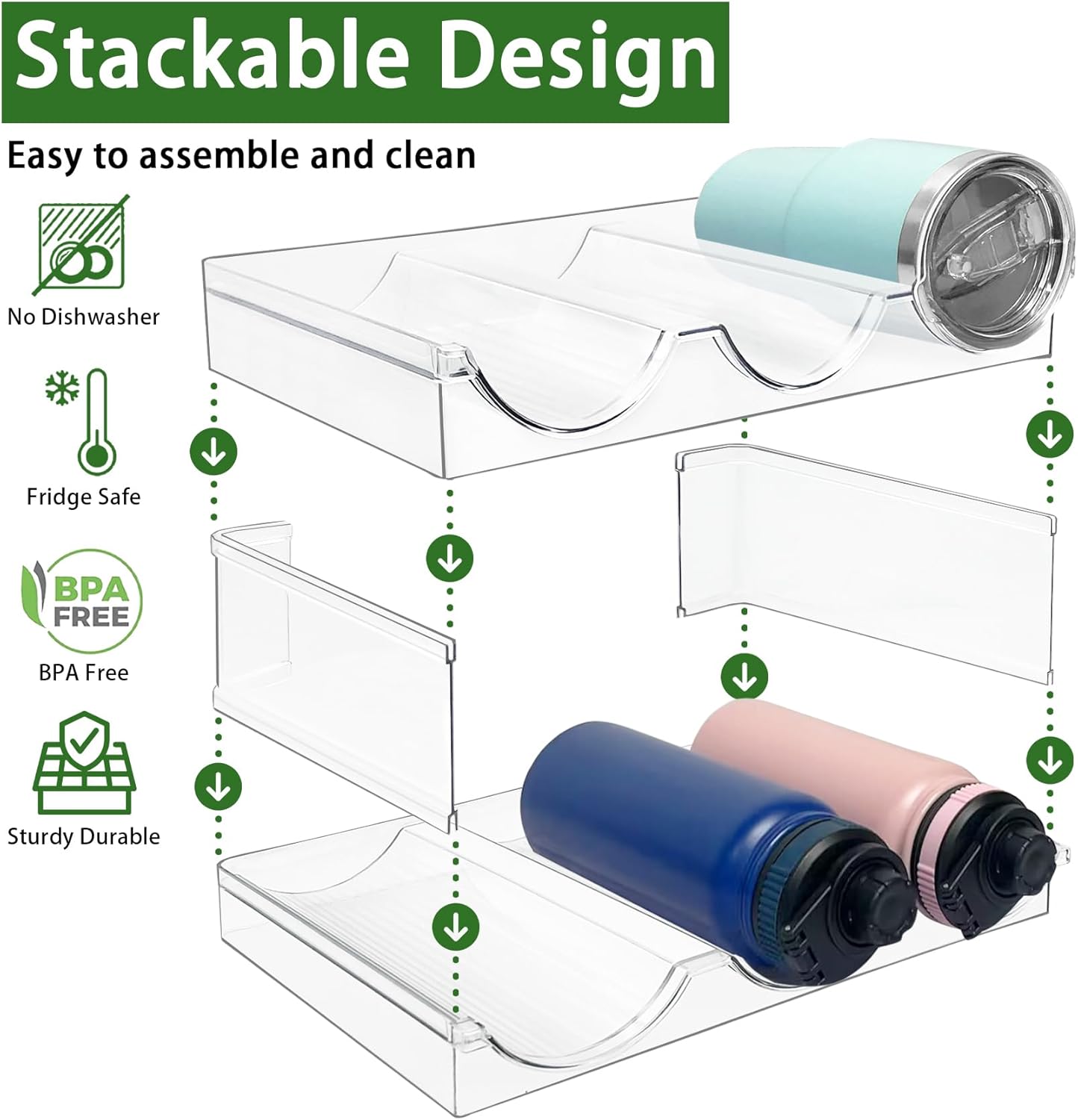 "Stackable Water Bottle Organizer Rack – 2 Pack Clear Plastic Storage for Kitchen, Pantry, or Fridge – Fits Sports Bottles, Tumblers & Wine"