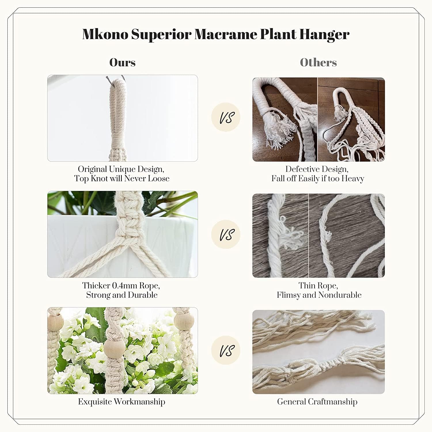 3 Pack Macrame Plant Hangers, Different Sizes Hanging Planters Indoor Basket Decorative Flower Pots Holder Stand Boho Home Decor, Ivory