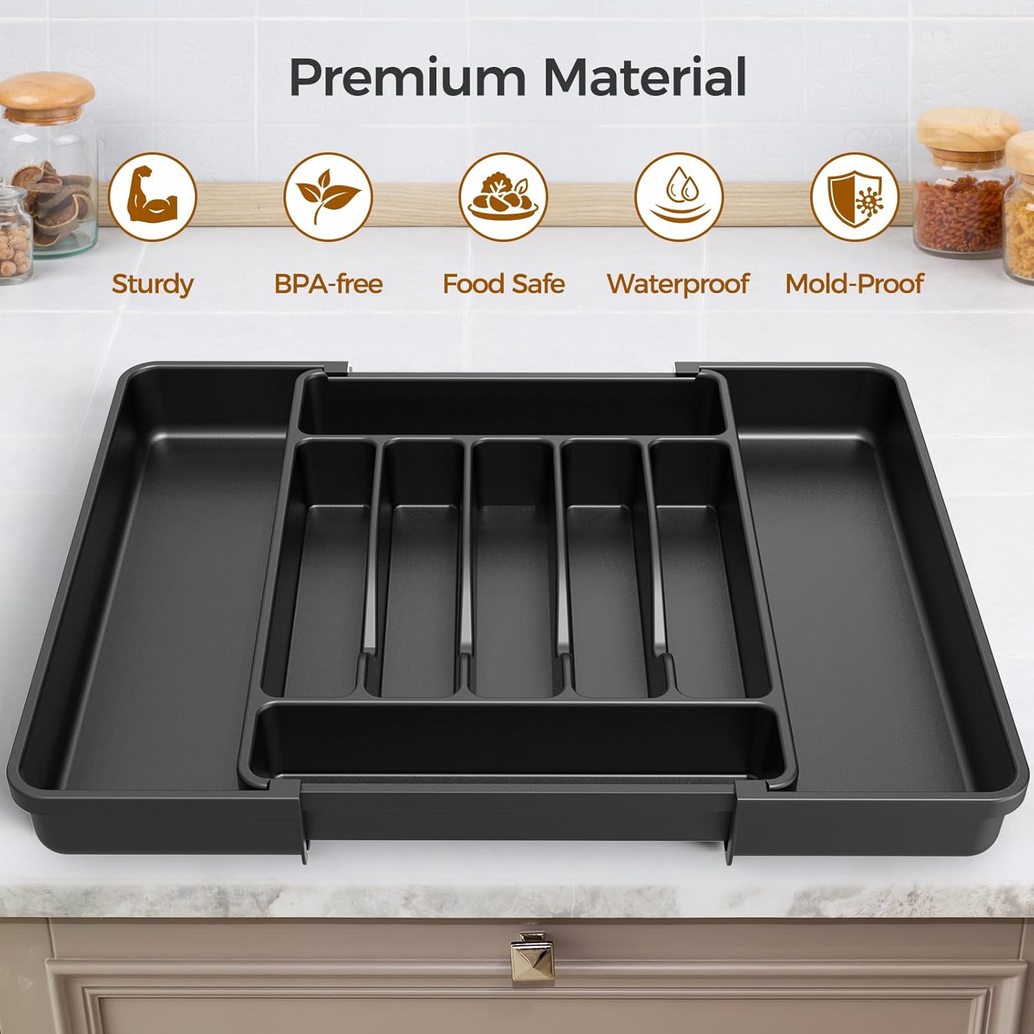 Extra Large Expandable Silverware Organizer, Bpa-Free Food-Safe Cutlery Flatware Organizer, Kitchen Utensil Drawer Organizer, Adjustable Silverware Holder for Spoons Forks , Black