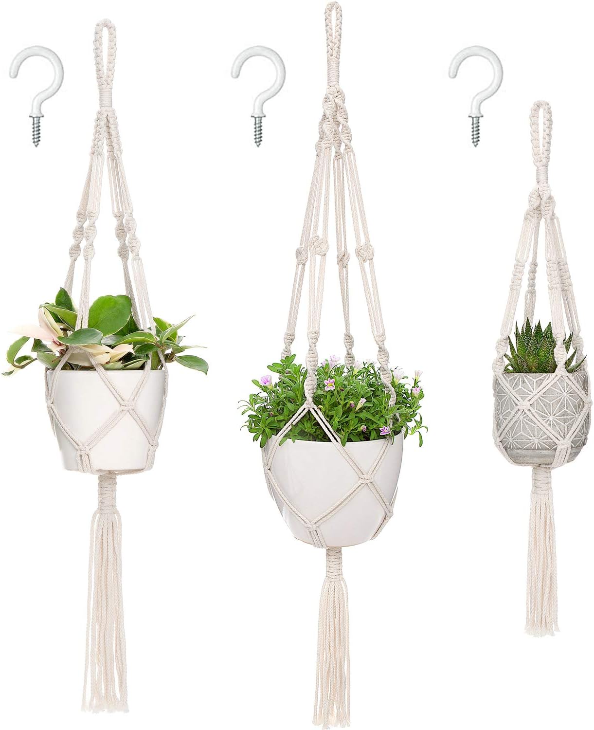 3 Pack Macrame Plant Hangers, Different Sizes Hanging Planters Indoor Basket Decorative Flower Pots Holder Stand Boho Home Decor, Ivory