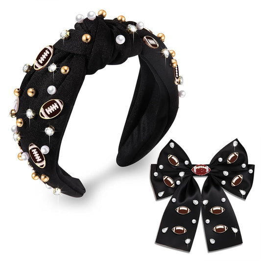 Football Headband for Women White Black Red Football Bow Hair Clips Pearl Rhinestone Jeweled Football Knotted Headband Footall Mom Accessories Fashion Game Day Outfits