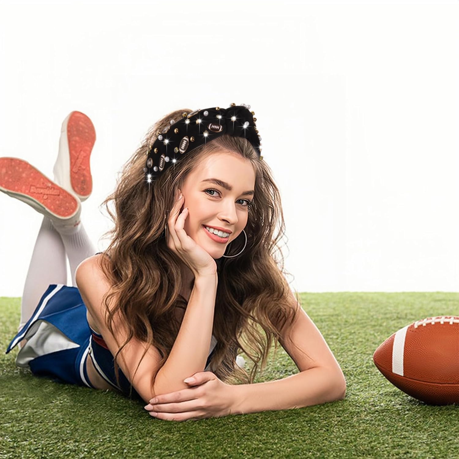 Football Headband for Women White Black Red Football Bow Hair Clips Pearl Rhinestone Jeweled Football Knotted Headband Footall Mom Accessories Fashion Game Day Outfits