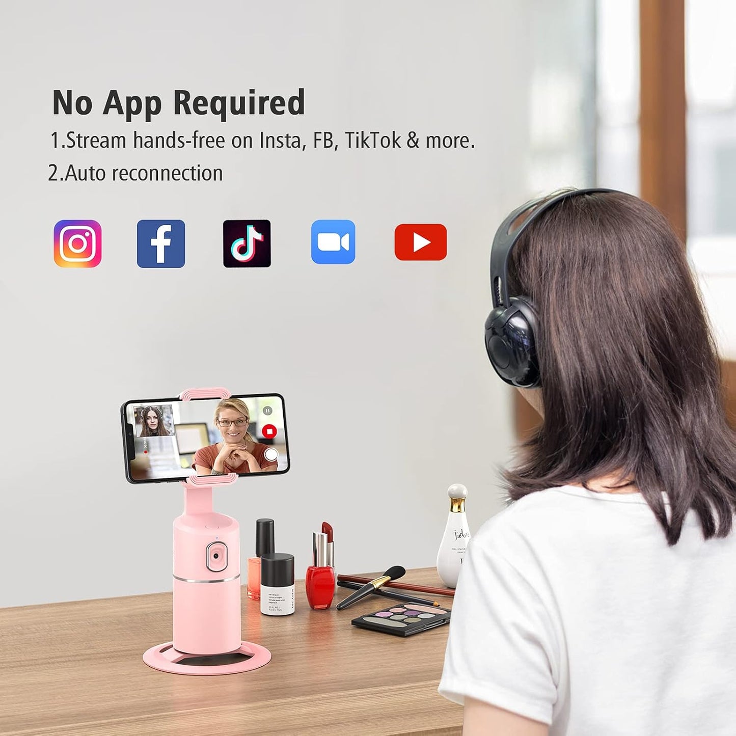 Auto Face Tracking Phone Holder | 360° Rotation Smart Shooting Tripod with Rechargeable Battery | No App Required | Live Streaming, Vlogging & Video Recording Mount (Pink)