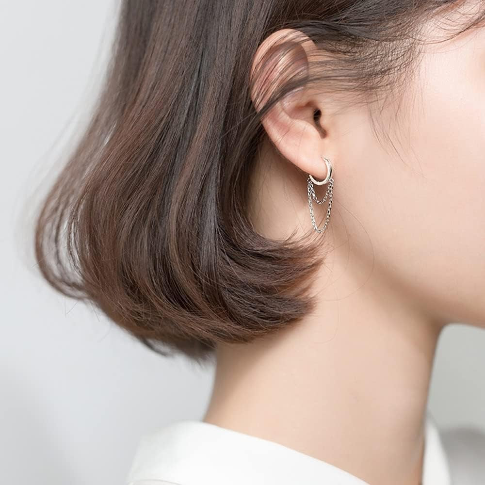 Sterling Silver Tassel Hoop Earrings – Drop Dangle Huggie Cuffs for Women & Girls (925 Minimalist Punk Jewelry)