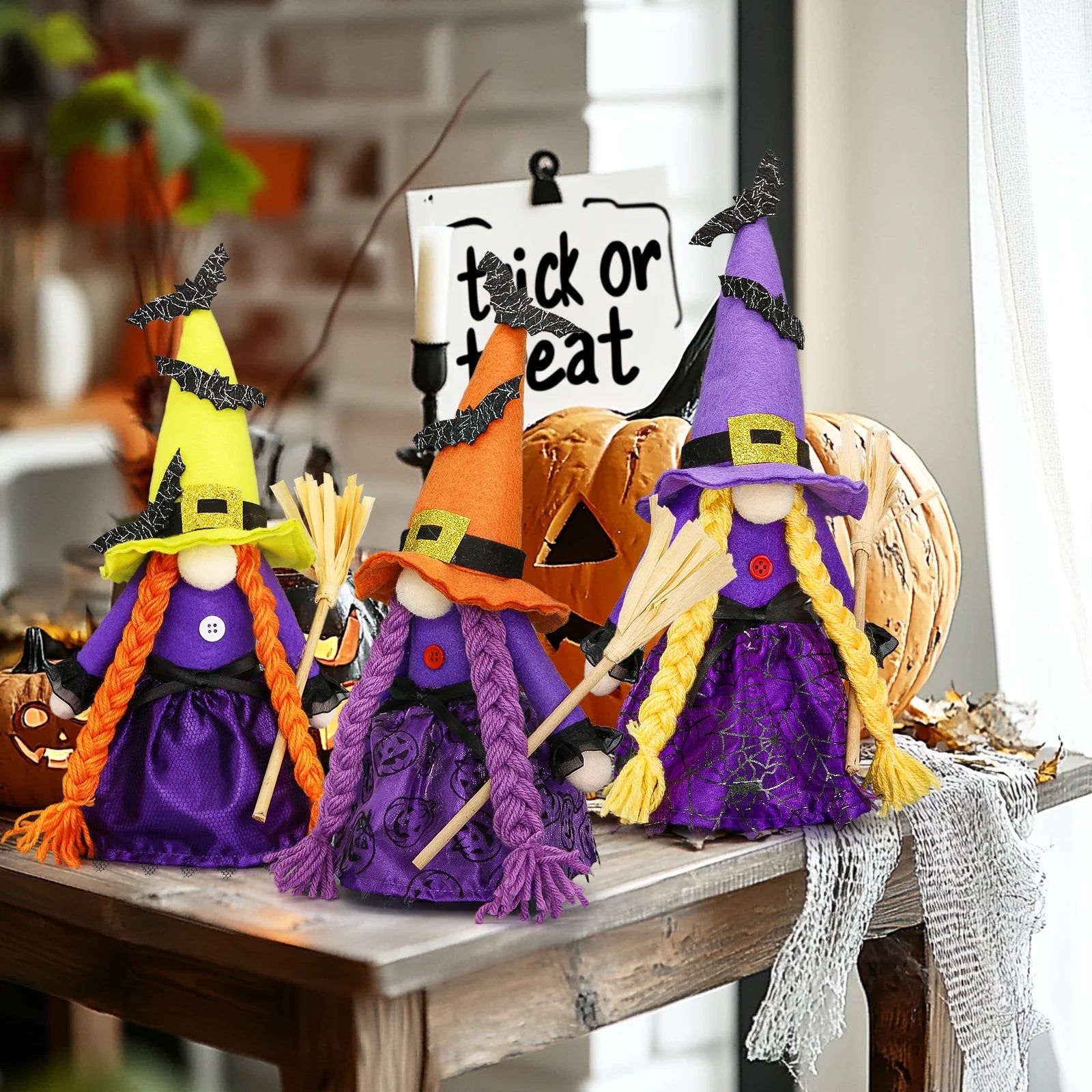 ✨ Hocus Pocus Halloween Gnomes – 3 Pc Handmade Witch Tomte Plush | Tiered Tray & Tabletop Decor | Spooky Cute Scandinavian Elf Decorations