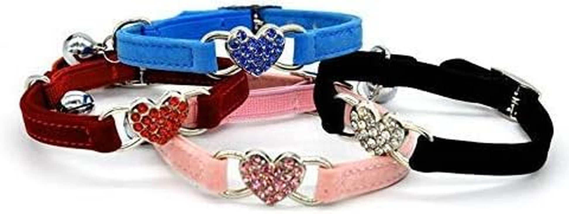 Velvet Cat Collar with Crystal Heart Charm & Bell – Adjustable Safety Collar (8–11”) in Pink, Black, Red & Blue
