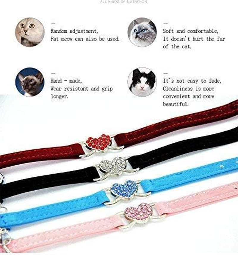 Velvet Cat Collar with Crystal Heart Charm & Bell – Adjustable Safety Collar (8–11”) in Pink, Black, Red & Blue
