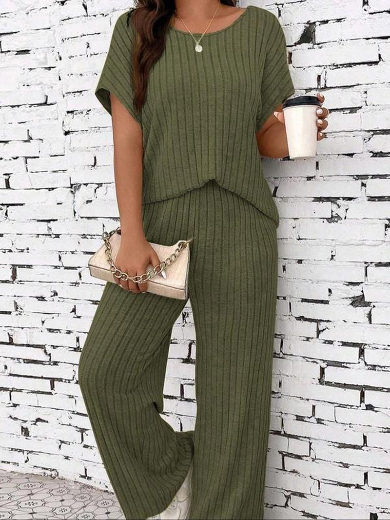 Women’s Casual Knit Lounge Set – Loose-Fit Long Pants & Top, All-Season Comfort Outfit for Everyday Wear