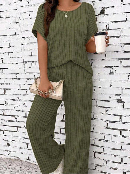 Women’s Casual Knit Lounge Set – Loose-Fit Long Pants & Top, All-Season Comfort Outfit for Everyday Wear