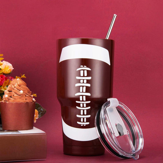 30oz Football Tumbler – Stainless Steel Double Wall Travel Mug w/ Lid & Straw