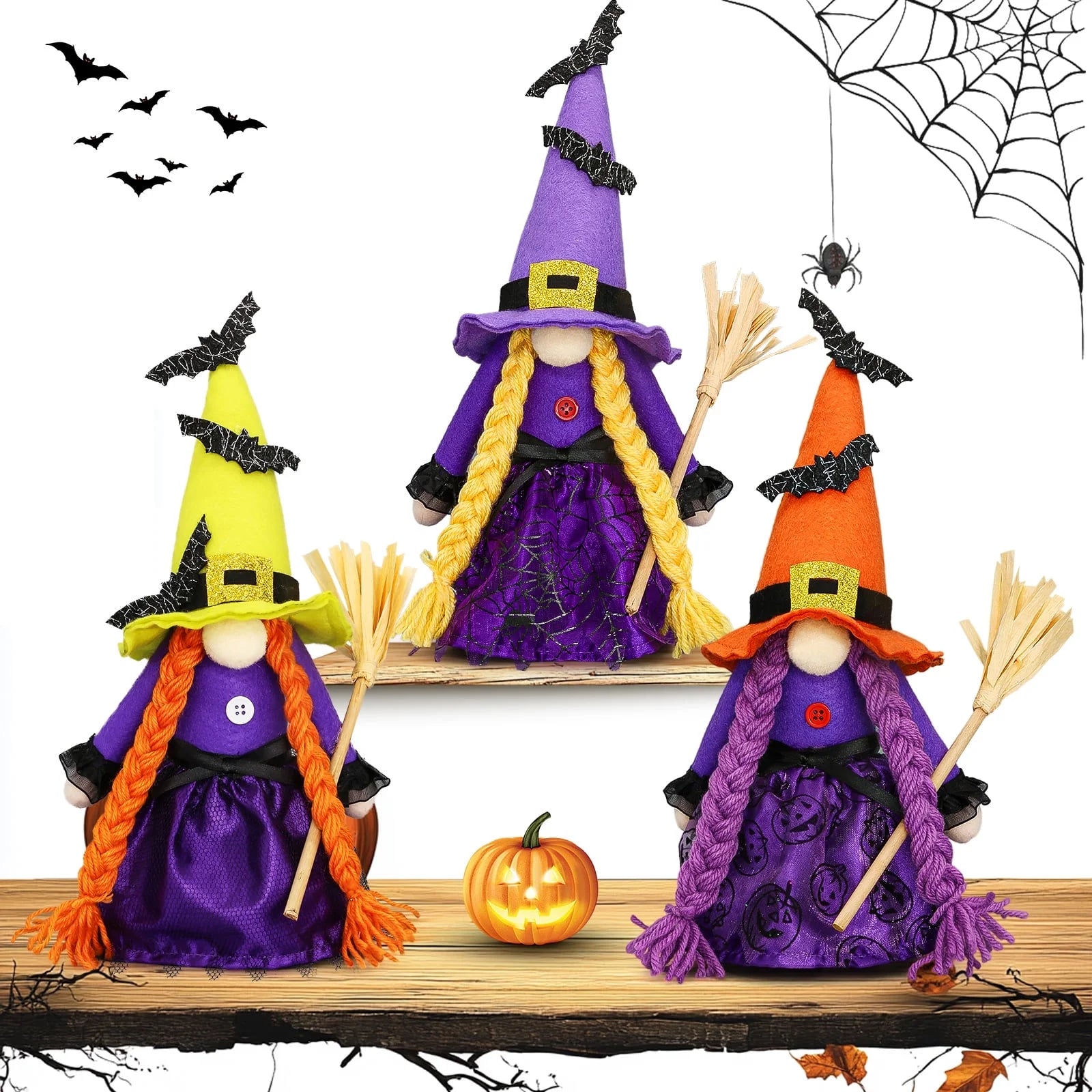 ✨ Hocus Pocus Halloween Gnomes – 3 Pc Handmade Witch Tomte Plush | Tiered Tray & Tabletop Decor | Spooky Cute Scandinavian Elf Decorations