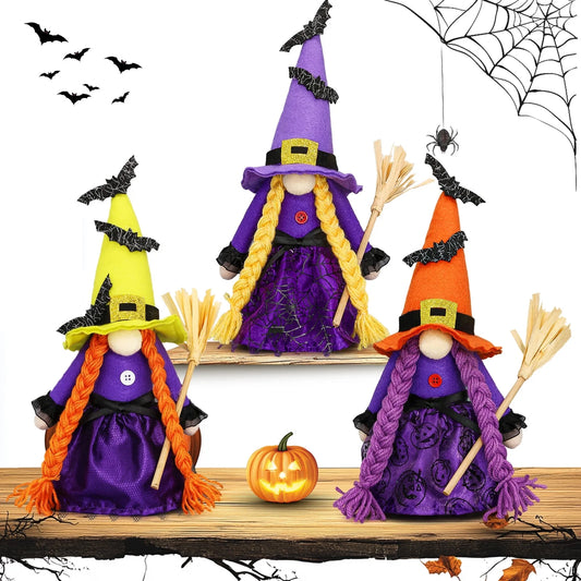 ✨ Hocus Pocus Halloween Gnomes – 3 Pc Handmade Witch Tomte Plush | Tiered Tray & Tabletop Decor | Spooky Cute Scandinavian Elf Decorations