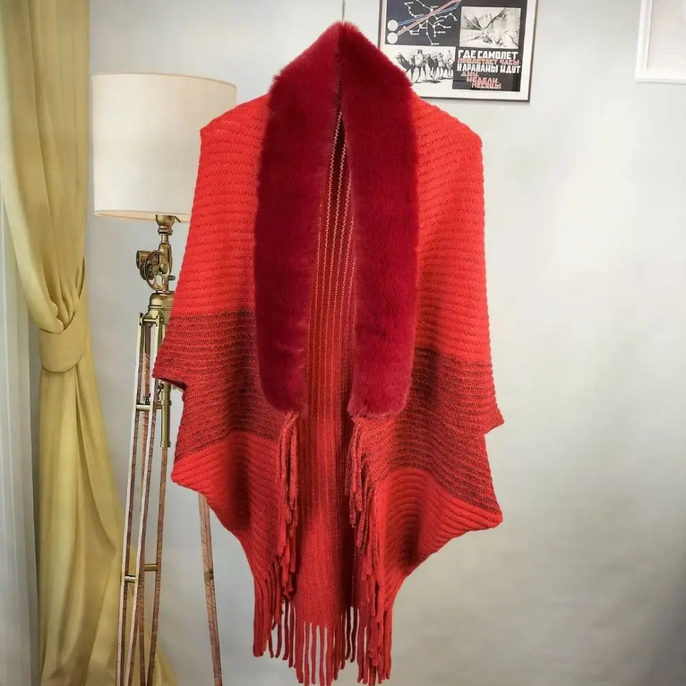 Winter Cape Cardigan 🧣 Faux Fur Collar Warm Knit Shawl Wrap for Women
