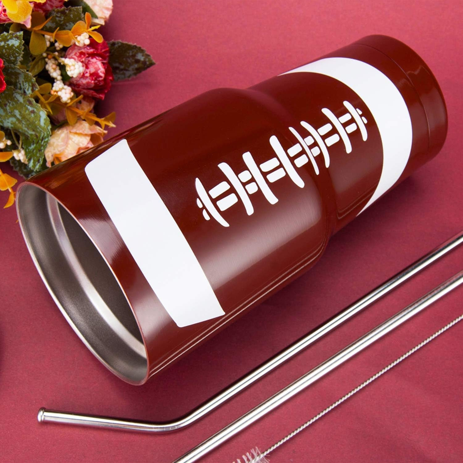 30oz Football Tumbler – Stainless Steel Double Wall Travel Mug w/ Lid & Straw