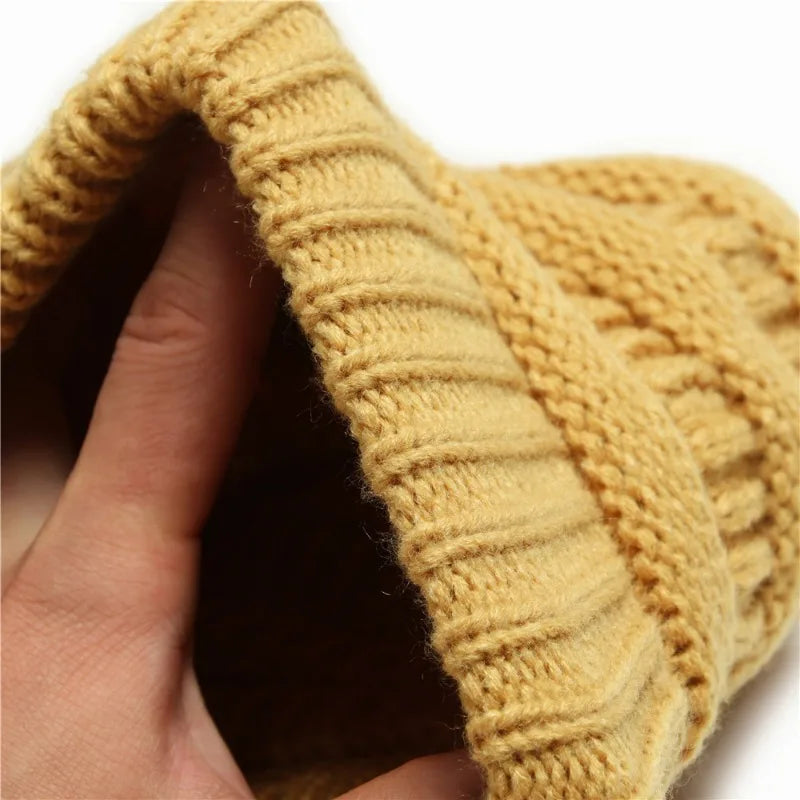 New Women Autumn Winter Ponytail Beanie Hat Solid Color Lady Stretch Knitted Crochet Beanies Hat Cap for Women