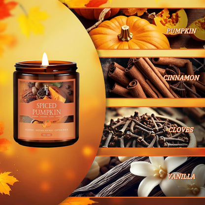 Fall Candle, Spiced Pumpkin Scented Candles for Home, Natural Soy Autumn Candle Aromatherapy Candle, 7 Oz Jar Candles Fall Gifts for Women Men
