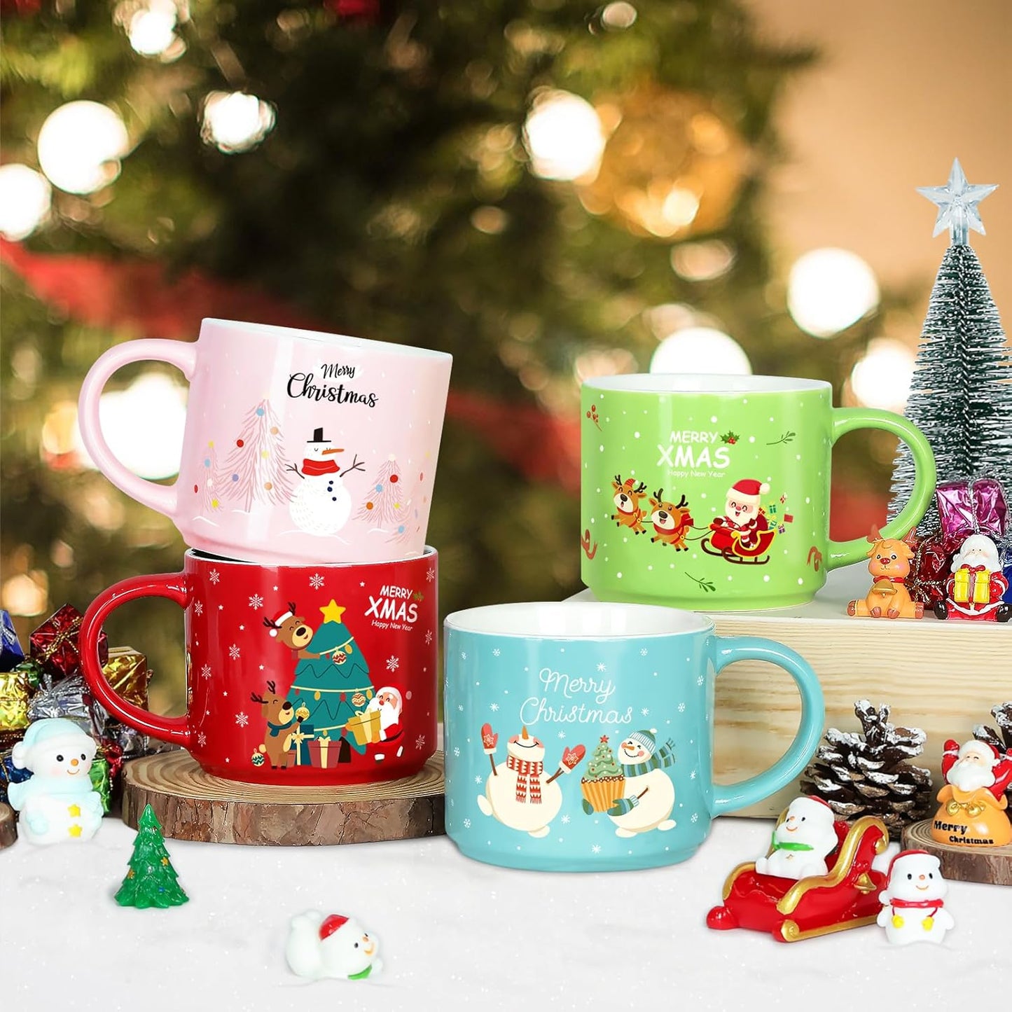 Set of 4 Stackable Christmas Mugs, 15.8 Oz Coffee Mug with Stand, Holiday Hot Cocoa Mugs for Mom Family Colleagues Friend & Farmhouse Cocoa Tray Decor