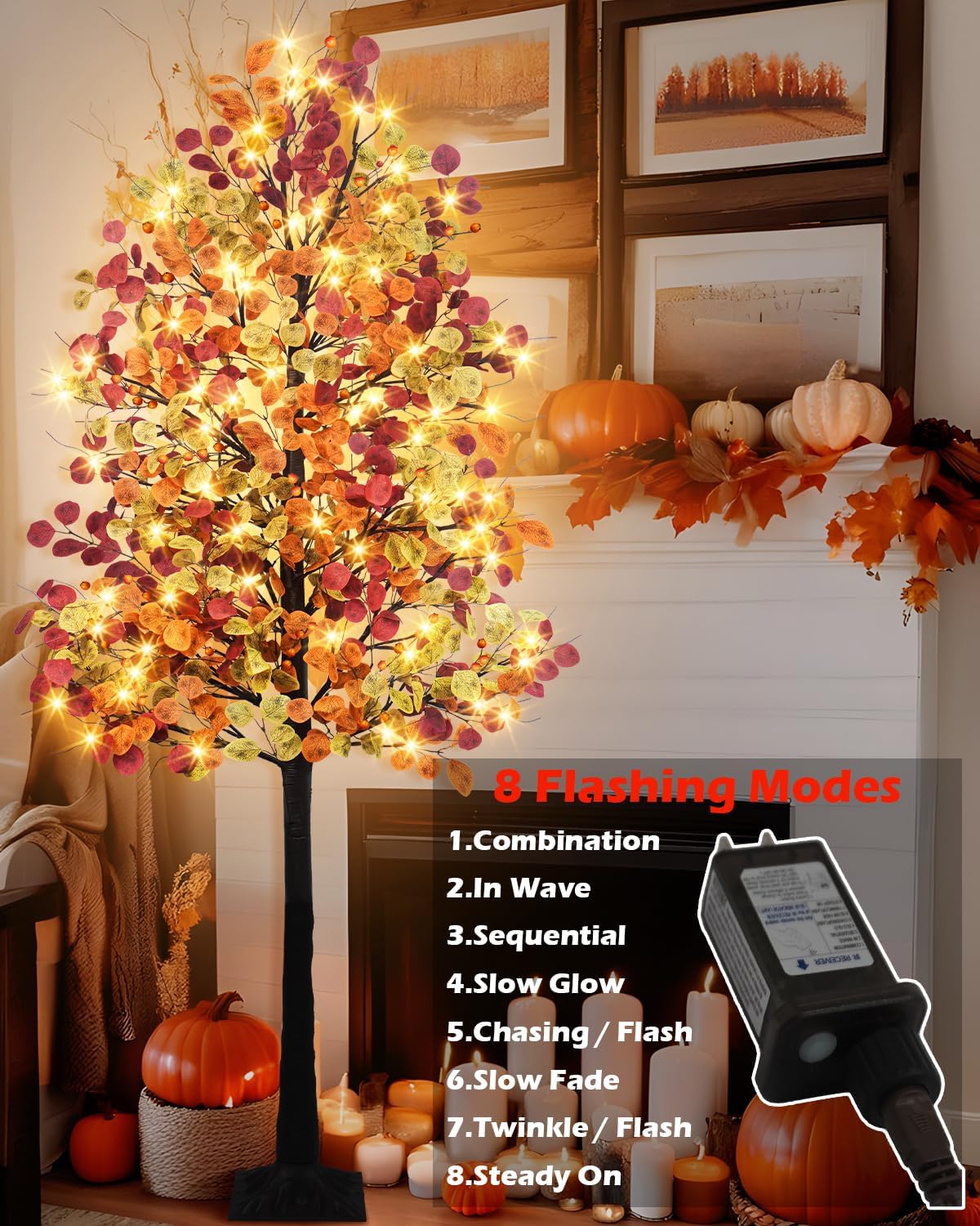 6FT 96LED Lighted Fall Tree – Artificial Eucalyptus with 384 Leaves, 8 Modes, Timer & Dimmable Lights for Thanksgiving, Autumn & Halloween Décor (Indoor/Outdoor)