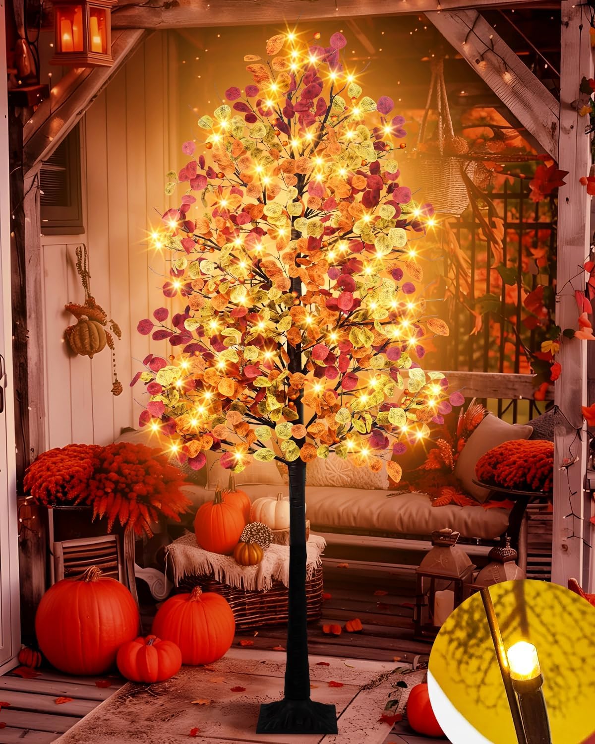 6FT 96LED Lighted Fall Tree – Artificial Eucalyptus with 384 Leaves, 8 Modes, Timer & Dimmable Lights for Thanksgiving, Autumn & Halloween Décor (Indoor/Outdoor)
