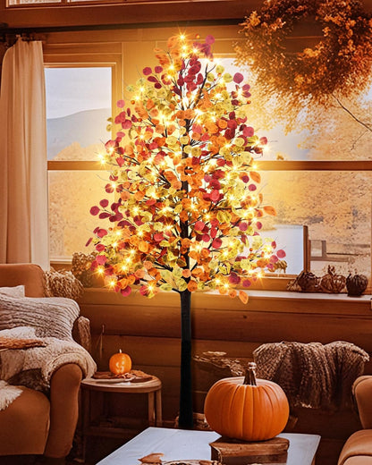 6FT 96LED Lighted Fall Tree – Artificial Eucalyptus with 384 Leaves, 8 Modes, Timer & Dimmable Lights for Thanksgiving, Autumn & Halloween Décor (Indoor/Outdoor)