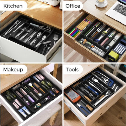 Extra Large Expandable Silverware Organizer, Bpa-Free Food-Safe Cutlery Flatware Organizer, Kitchen Utensil Drawer Organizer, Adjustable Silverware Holder for Spoons Forks , Black