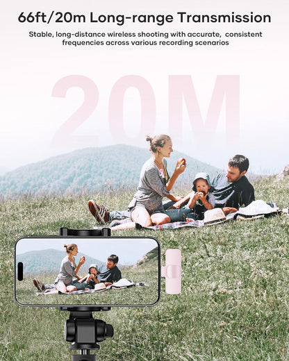 Wireless Lavalier Microphone for iPhone, iPad & Android | 2-Pack Plug & Play Lapel Mics with Noise Reduction for Video Recording, Interviews, Podcasts, Vlogs, YouTube & TikTok (Pink)