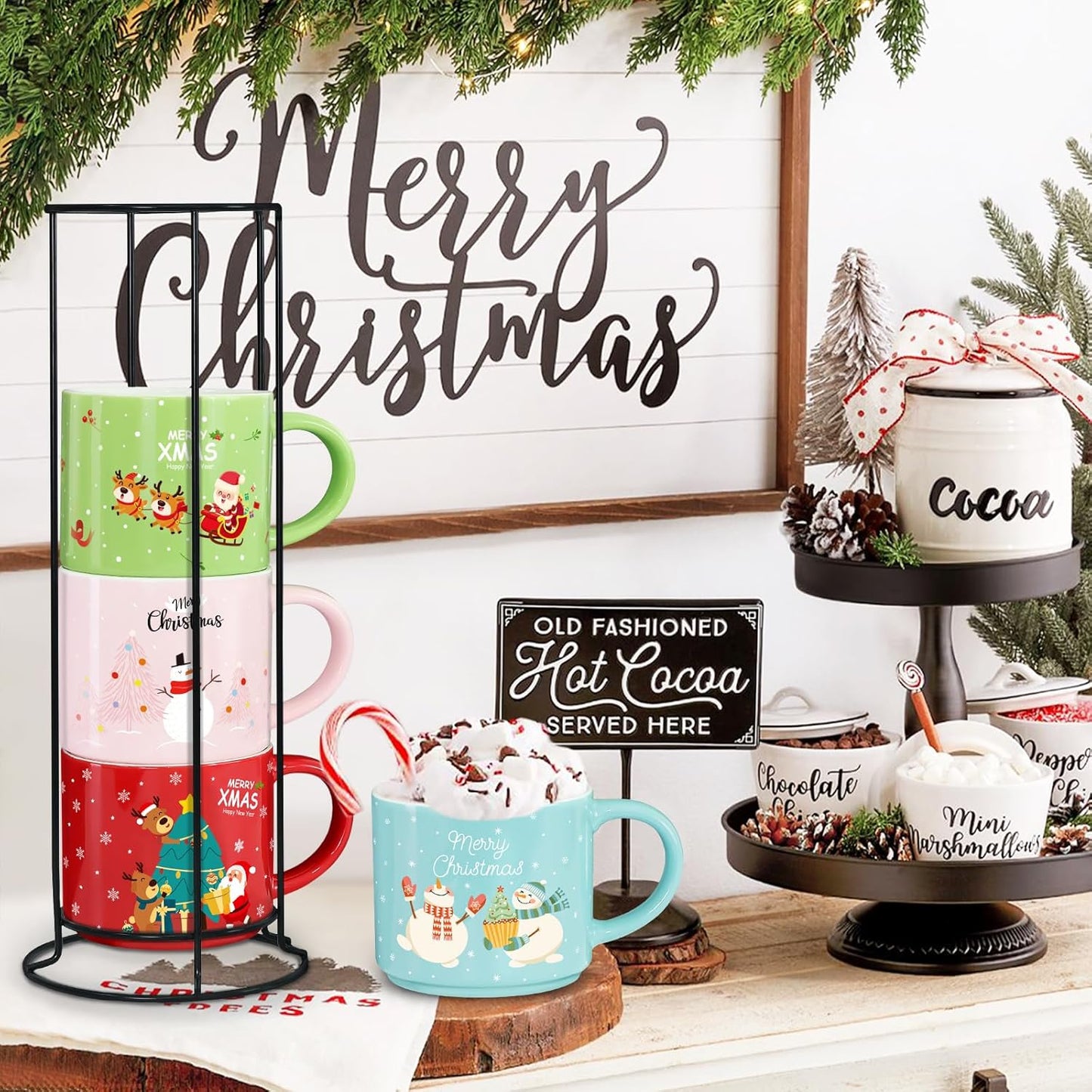 Set of 4 Stackable Christmas Mugs, 15.8 Oz Coffee Mug with Stand, Holiday Hot Cocoa Mugs for Mom Family Colleagues Friend & Farmhouse Cocoa Tray Decor
